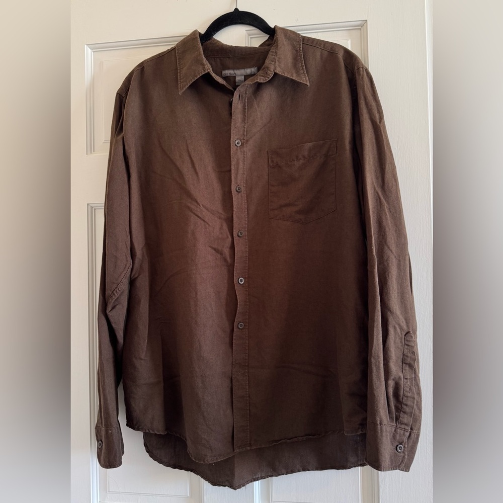 Old Navy Men's Chocolate Brown Linen Cotton Collared Button Down Shirt